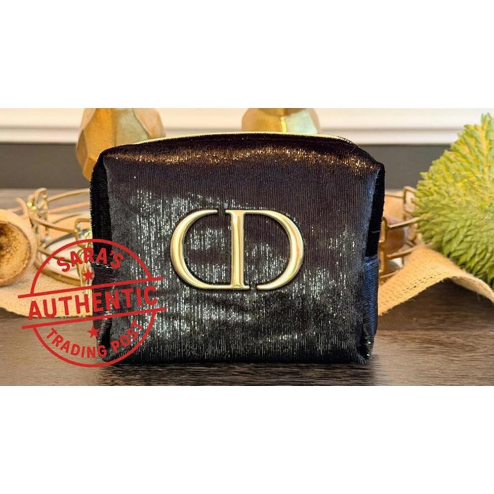 Christian Dior Black Velour Sequin Cosmetic Bag with Gold Accents GWP New In BOX